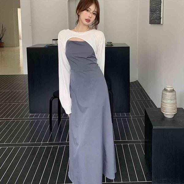 fashion belt spaghetti strap dress women slash neck solid backless summer mid-calf dress korean style short casual female, Black;gray